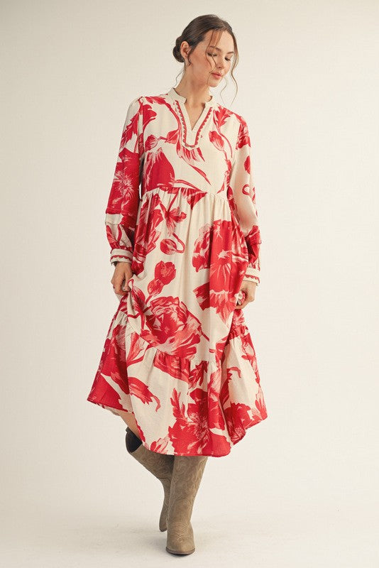 Cream/Red Big Floral Print Midi Dress