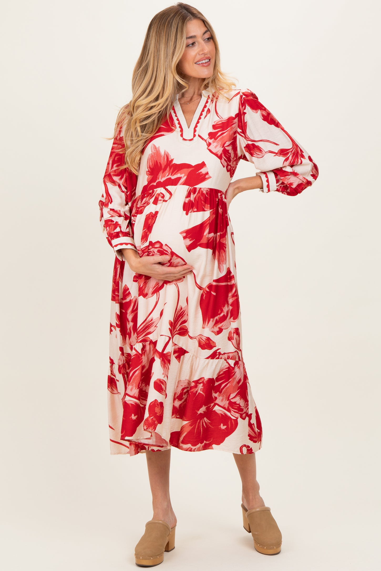 Cream/Red Big Floral Print Maternity Midi Dress