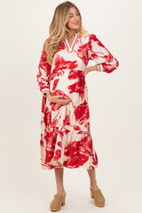 Cream/Red Big Floral Print Maternity Midi Dress