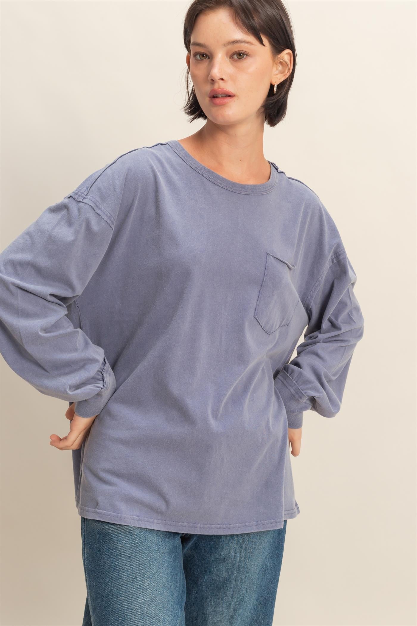 Navy Oversized Washed Long Sleeve Pocket Top