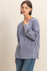Navy Oversized Washed Long Sleeve Pocket Top