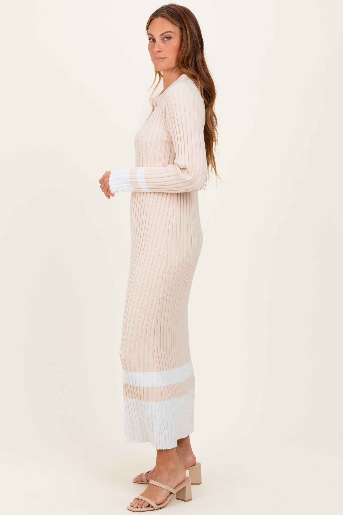 Cream Ribbed Knit Colorblock Polo Maxi Dress Cream Ribbed Knit Colorblock Polo Maxi Dress