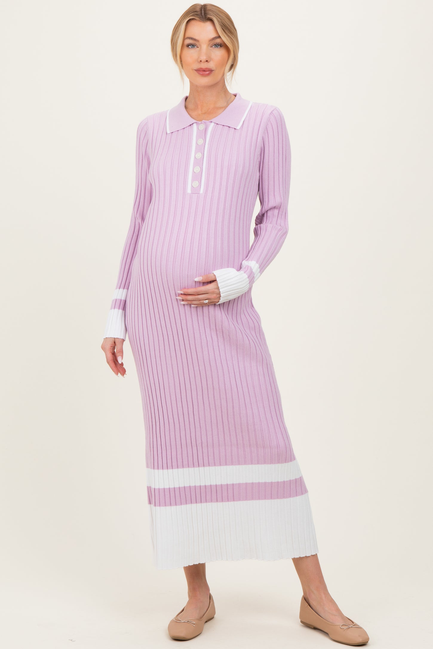 Lavender Ribbed Knit Colorblock Polo Maternity Maxi Dress – PinkBlush Lavender Ribbed Knit Colorblock Polo Maternity Maxi Dress – PinkBlush