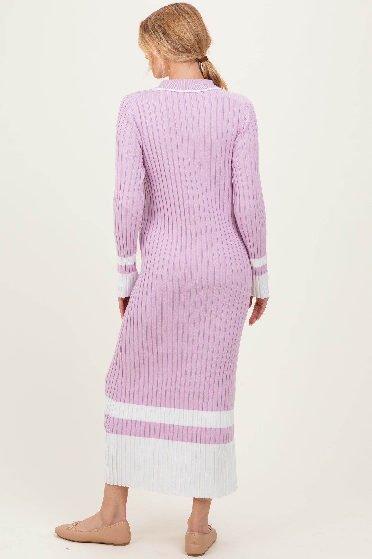 Lavender Ribbed Knit Colorblock Polo Maternity Maxi Dress