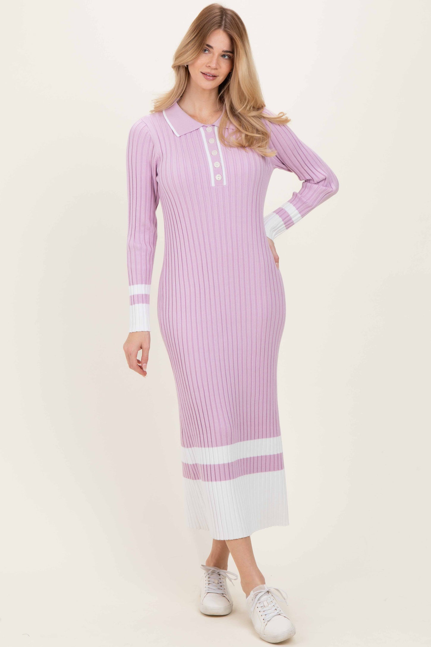 Lavender Ribbed Knit Colorblock Polo Maternity Maxi Dress