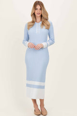 Light Blue Ribbed Knit Colorblock Polo Maternity Maxi Dress