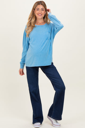 Aqua Oversized Washed Long Sleeve Pocket Maternity Top