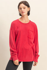 Red Oversized Washed Long Sleeve Pocket Maternity Top