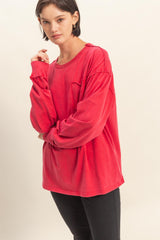 Red Oversized Washed Long Sleeve Pocket Top