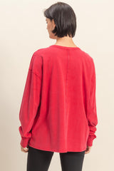 Red Oversized Washed Long Sleeve Pocket Top
