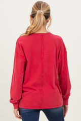Red Oversized Washed Long Sleeve Pocket Maternity Top