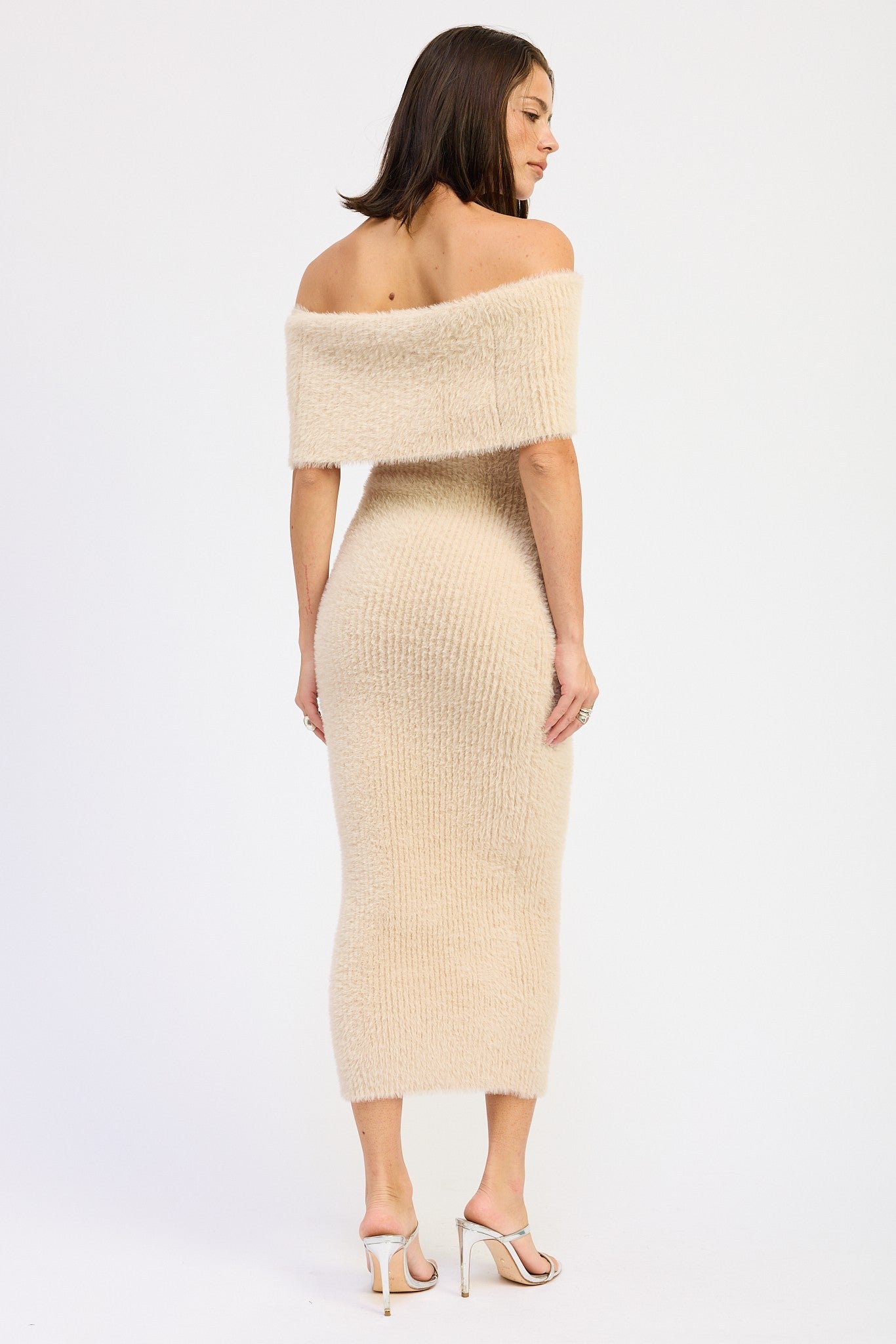 Cream Fuzzy Knit Off Shoulder Midi Dress