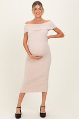 Cream Fuzzy Knit Off Shoulder Maternity Midi Dress