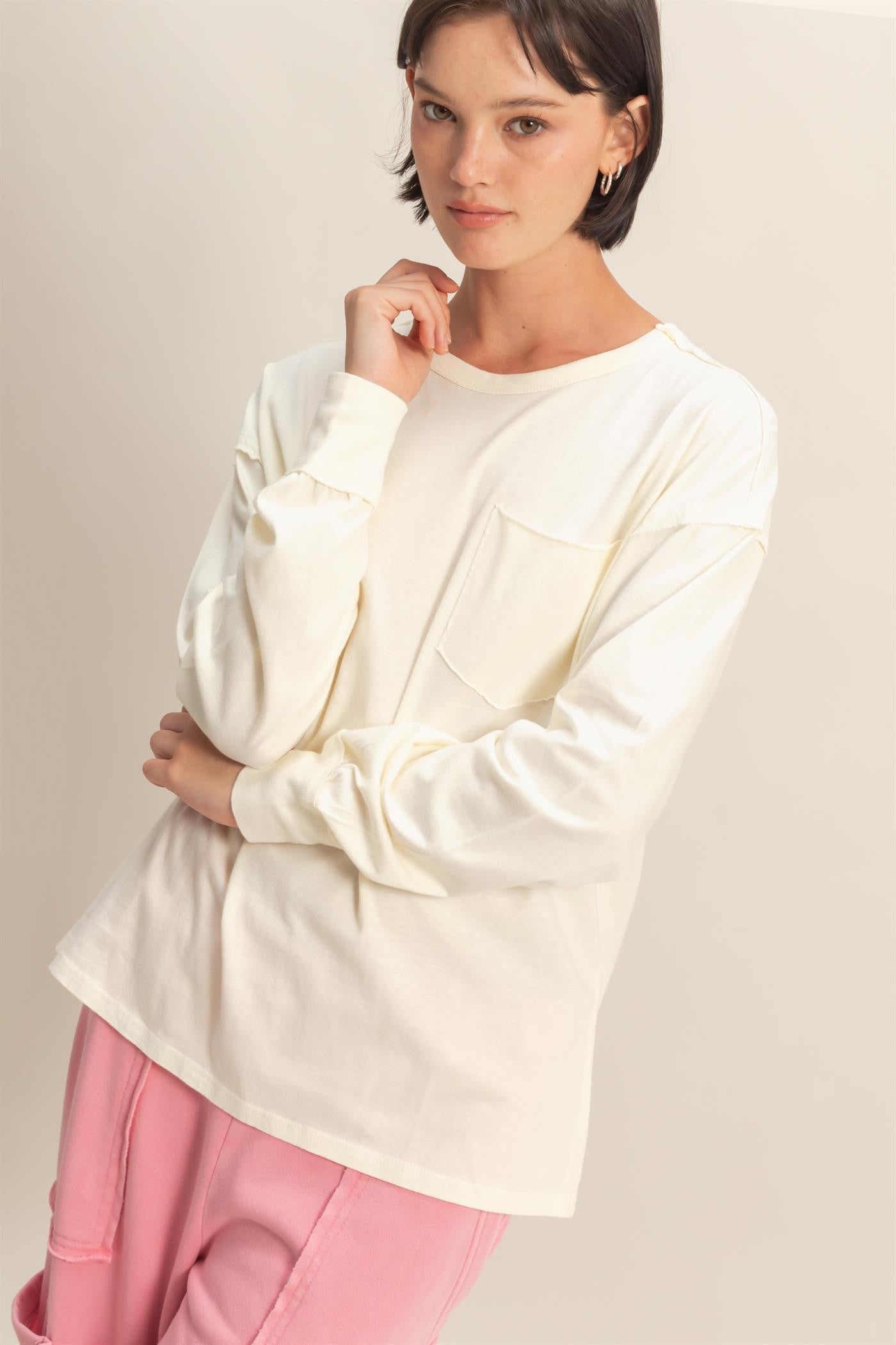 Cream Oversized Washed Long Sleeve Pocket Top