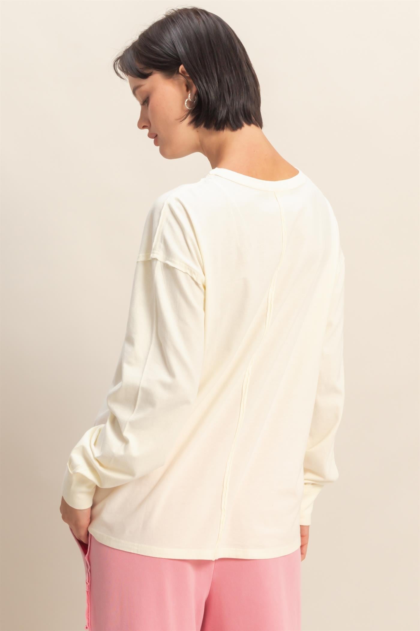 Cream Oversized Washed Long Sleeve Pocket Top