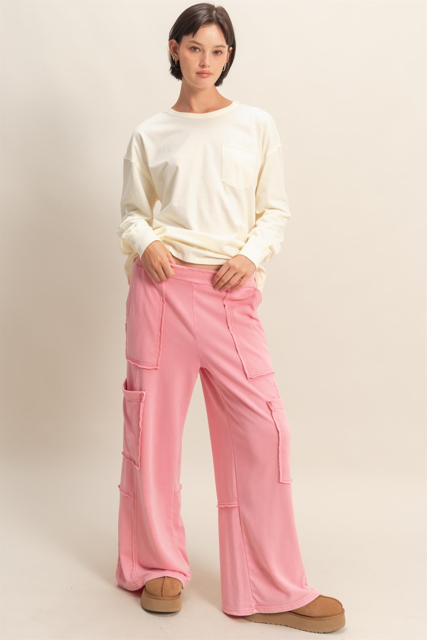 Cream Oversized Washed Long Sleeve Pocket Top