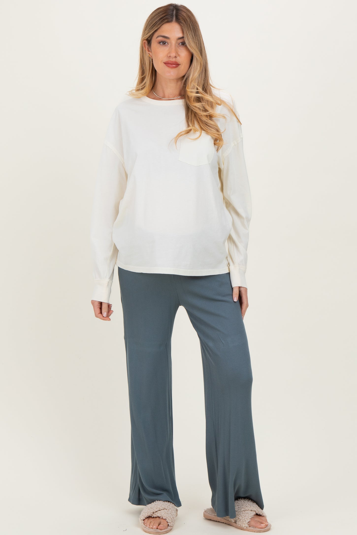 Cream Oversized Washed Long Sleeve Pocket Maternity Top