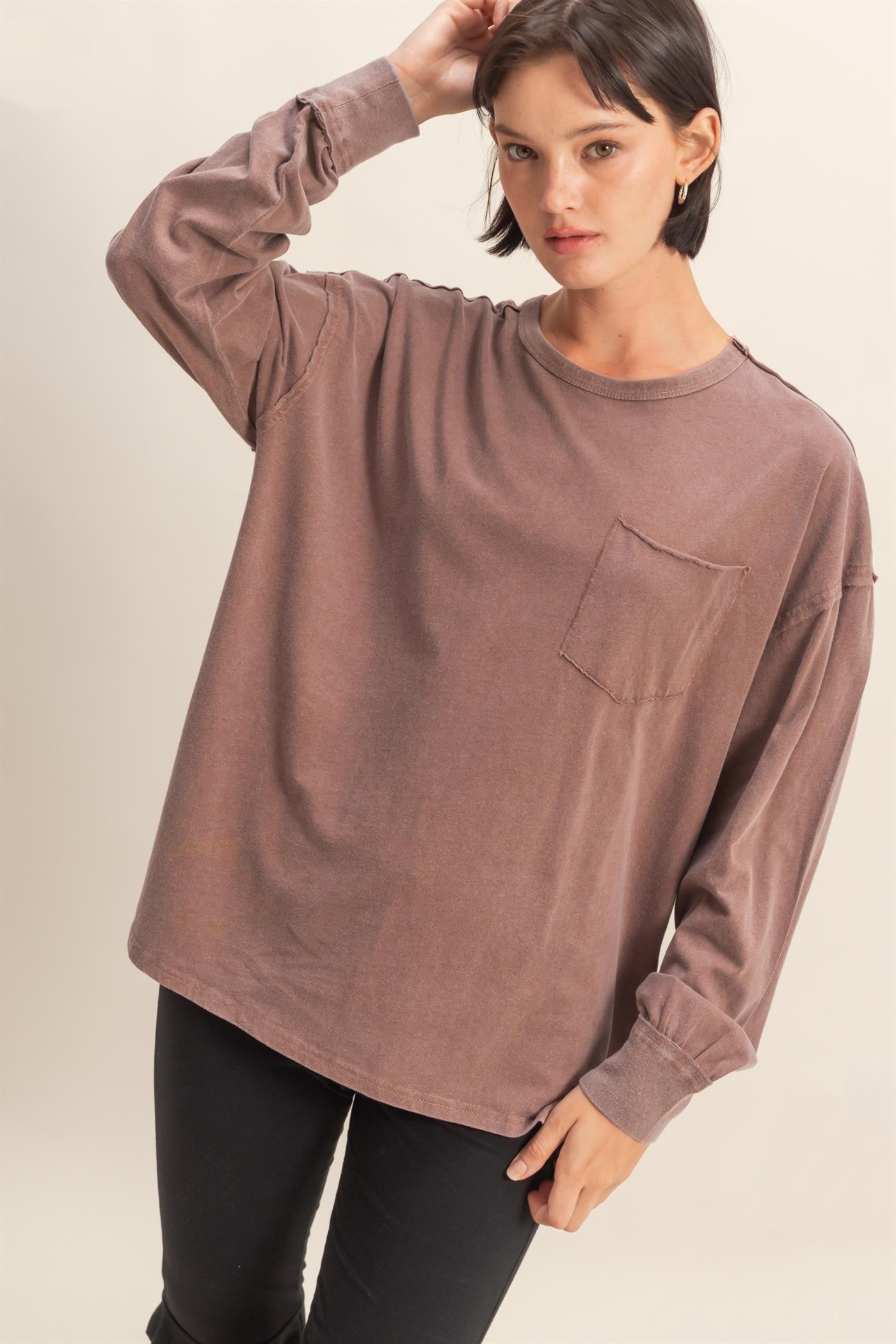 Mocha Oversized Washed Long Sleeve Pocket Top