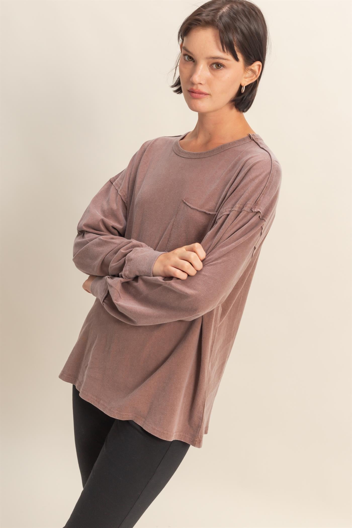 Mocha Oversized Washed Long Sleeve Pocket Top