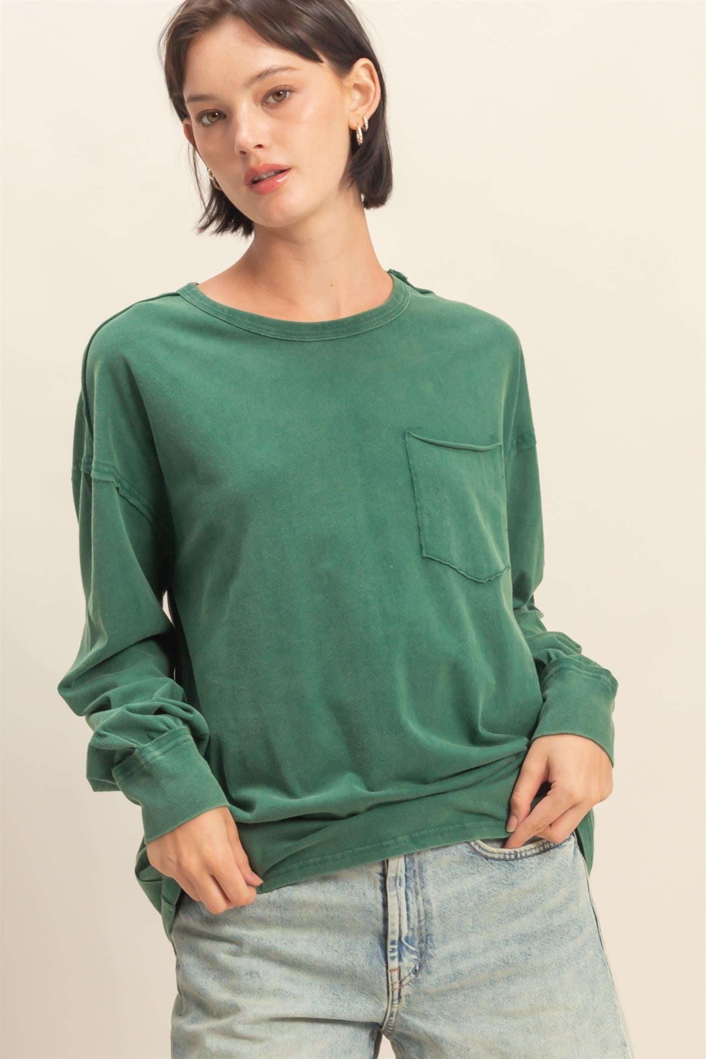 Green Oversized Washed Long Sleeve Pocket Maternity Top