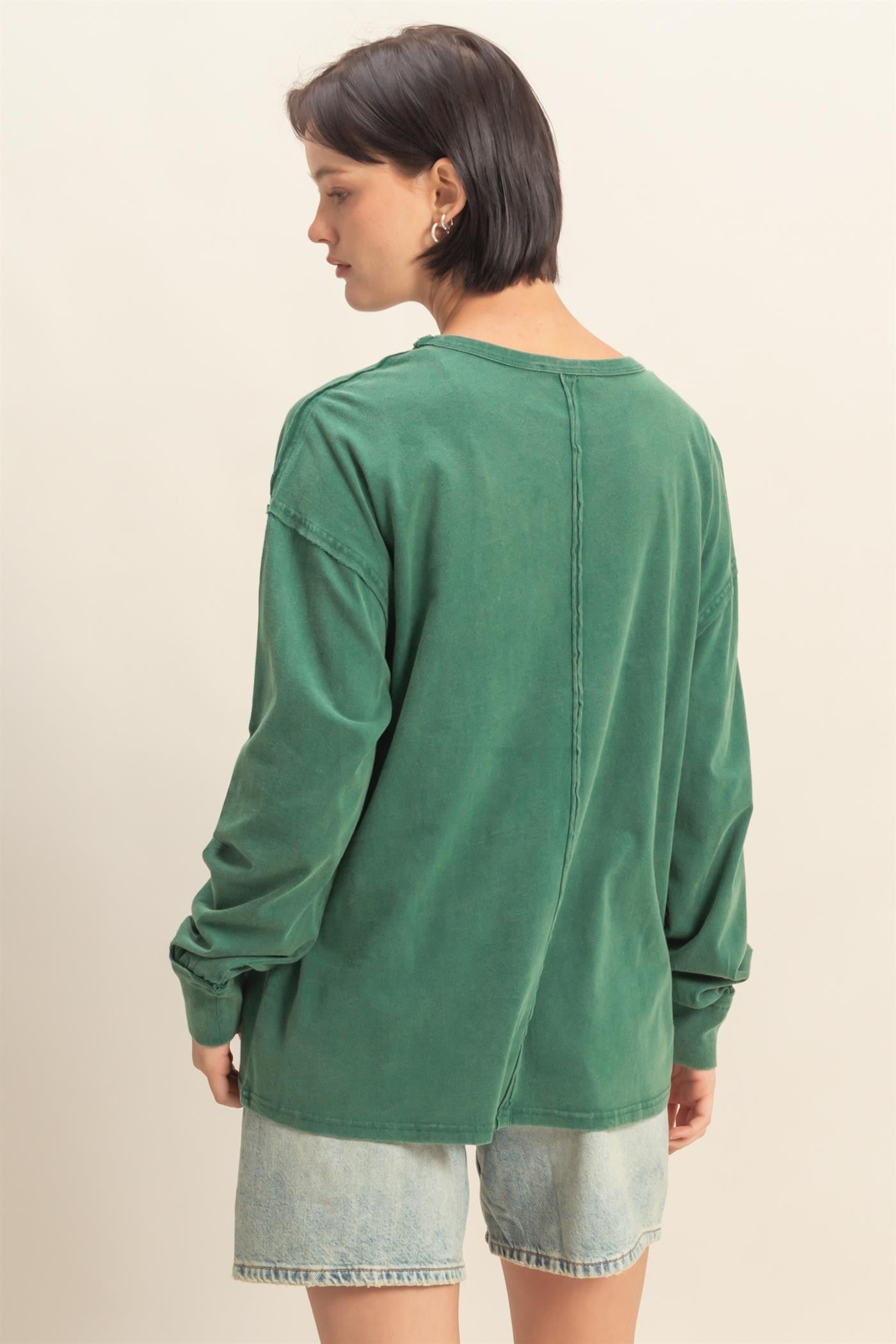 Green Oversized Washed Long Sleeve Pocket Top