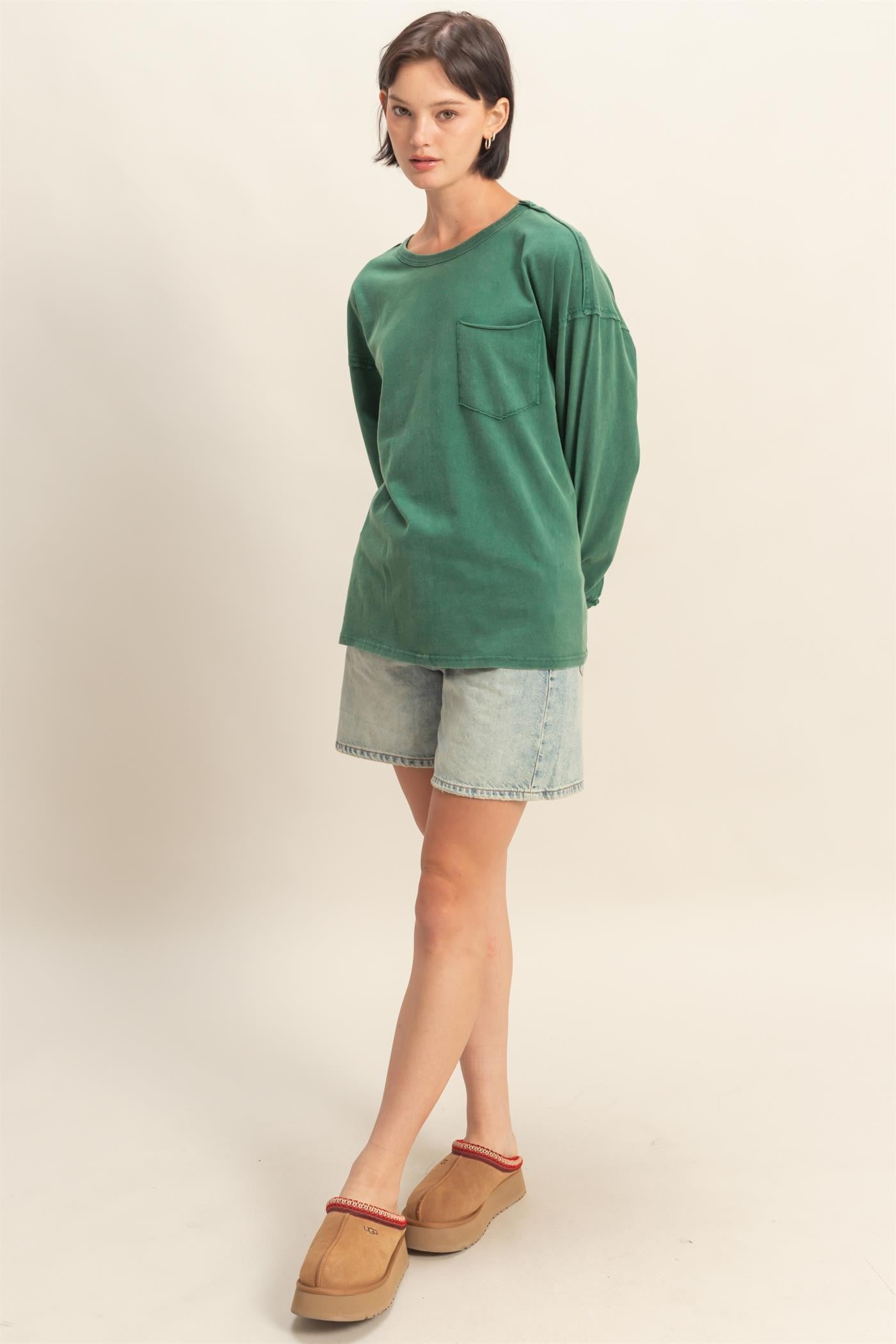 Green Oversized Washed Long Sleeve Pocket Top
