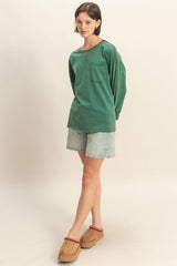 Green Oversized Washed Long Sleeve Pocket Top