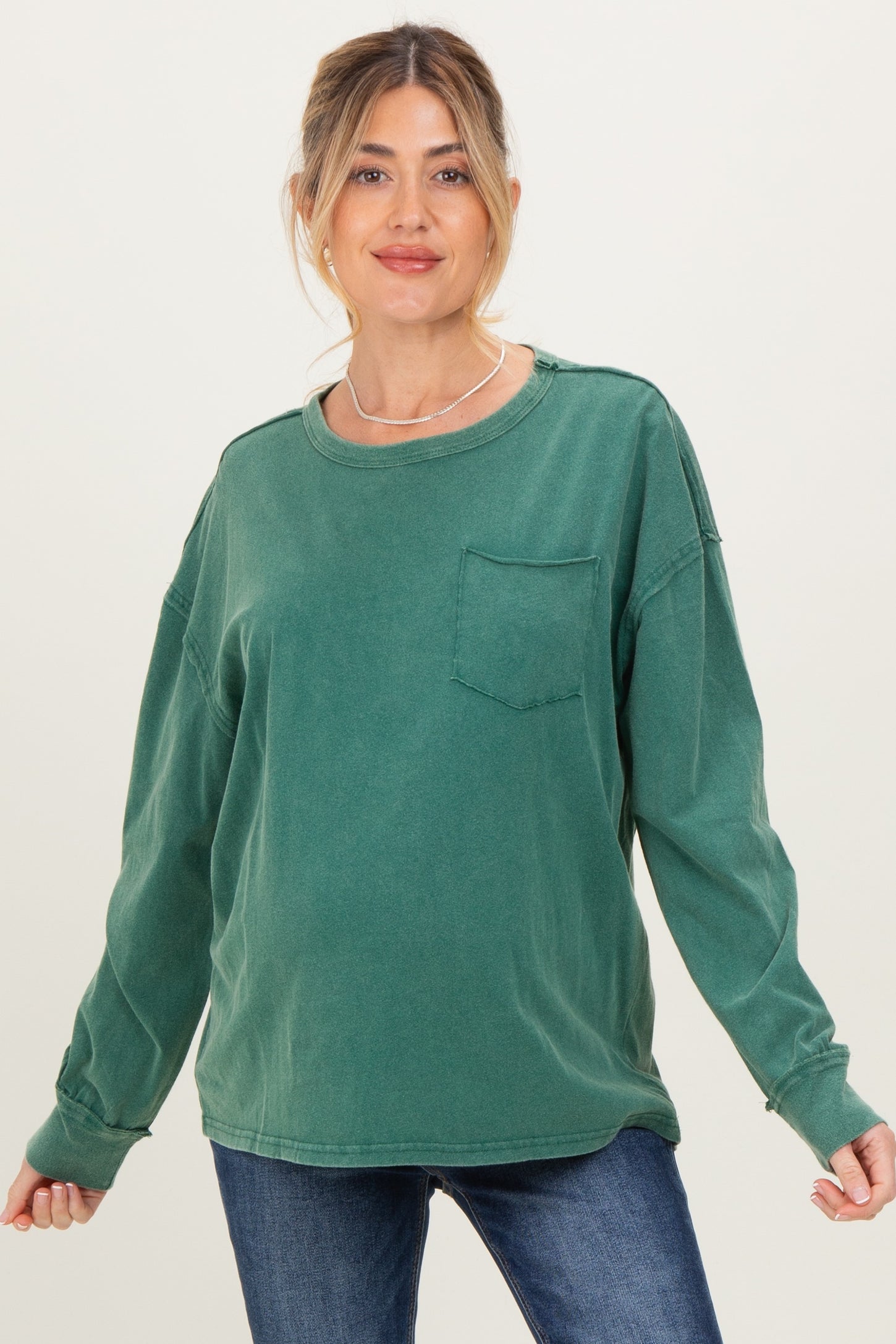 Green Oversized Washed Long Sleeve Pocket Maternity Top