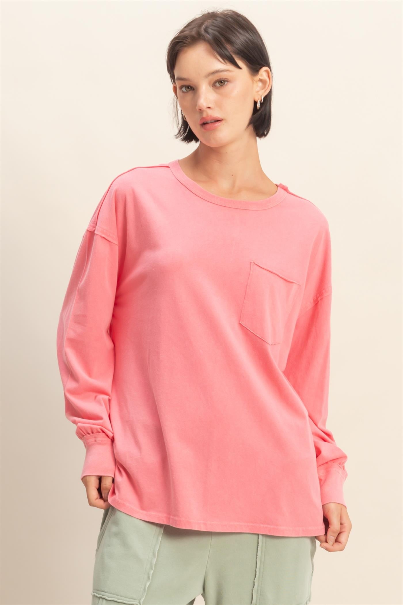 Pink Oversized Washed Long Sleeve Pocket Top