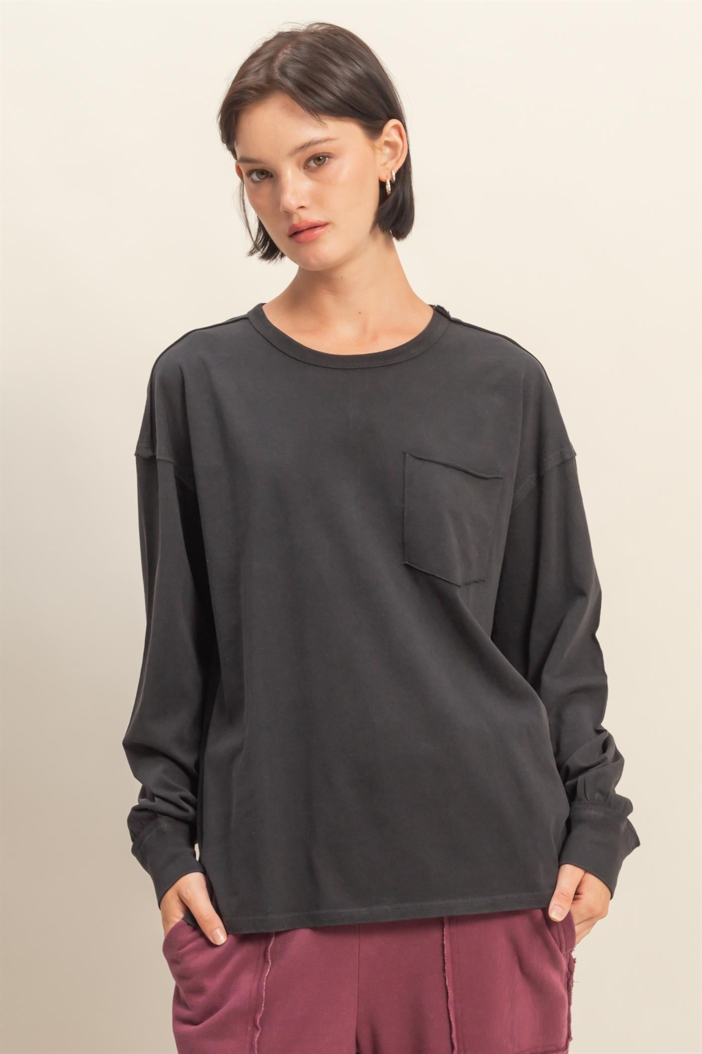Black Oversized Washed Long Sleeve Pocket Top