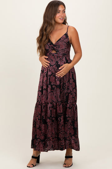 Black Paisley Sleeveless Twist Front Maternity Maxi Dress