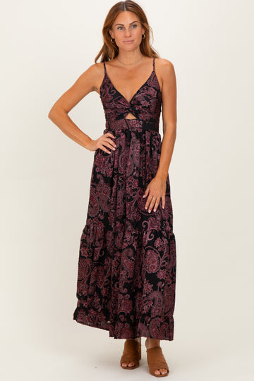 Black Paisley Sleeveless Twist Front Maxi Dress