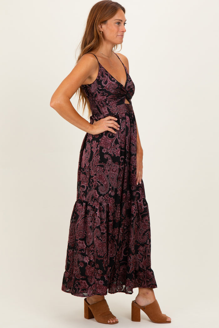 Black Paisley Sleeveless Twist Front Maxi Dress
