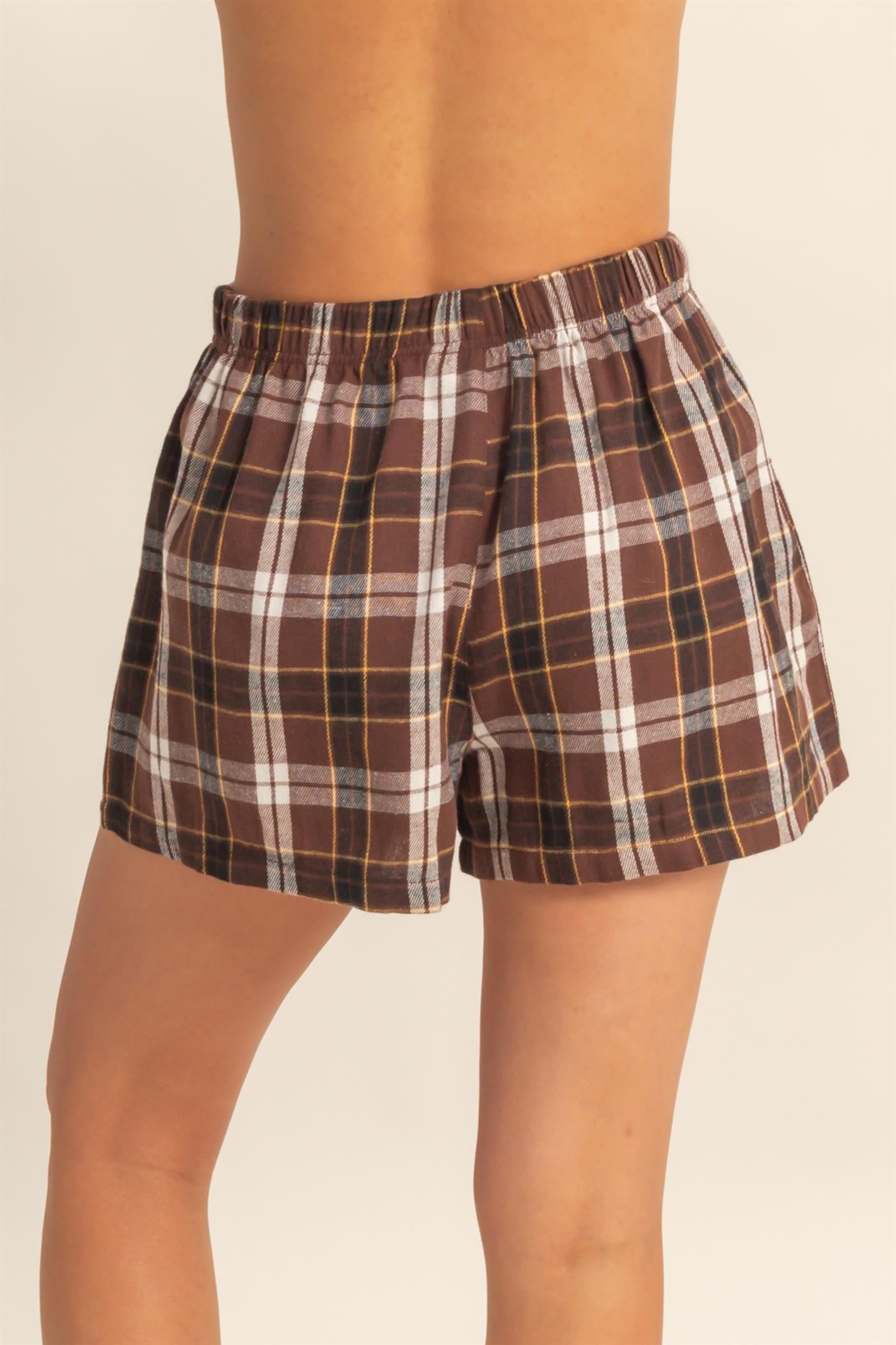 Brown Button-Front Plaid Boxer Shorts