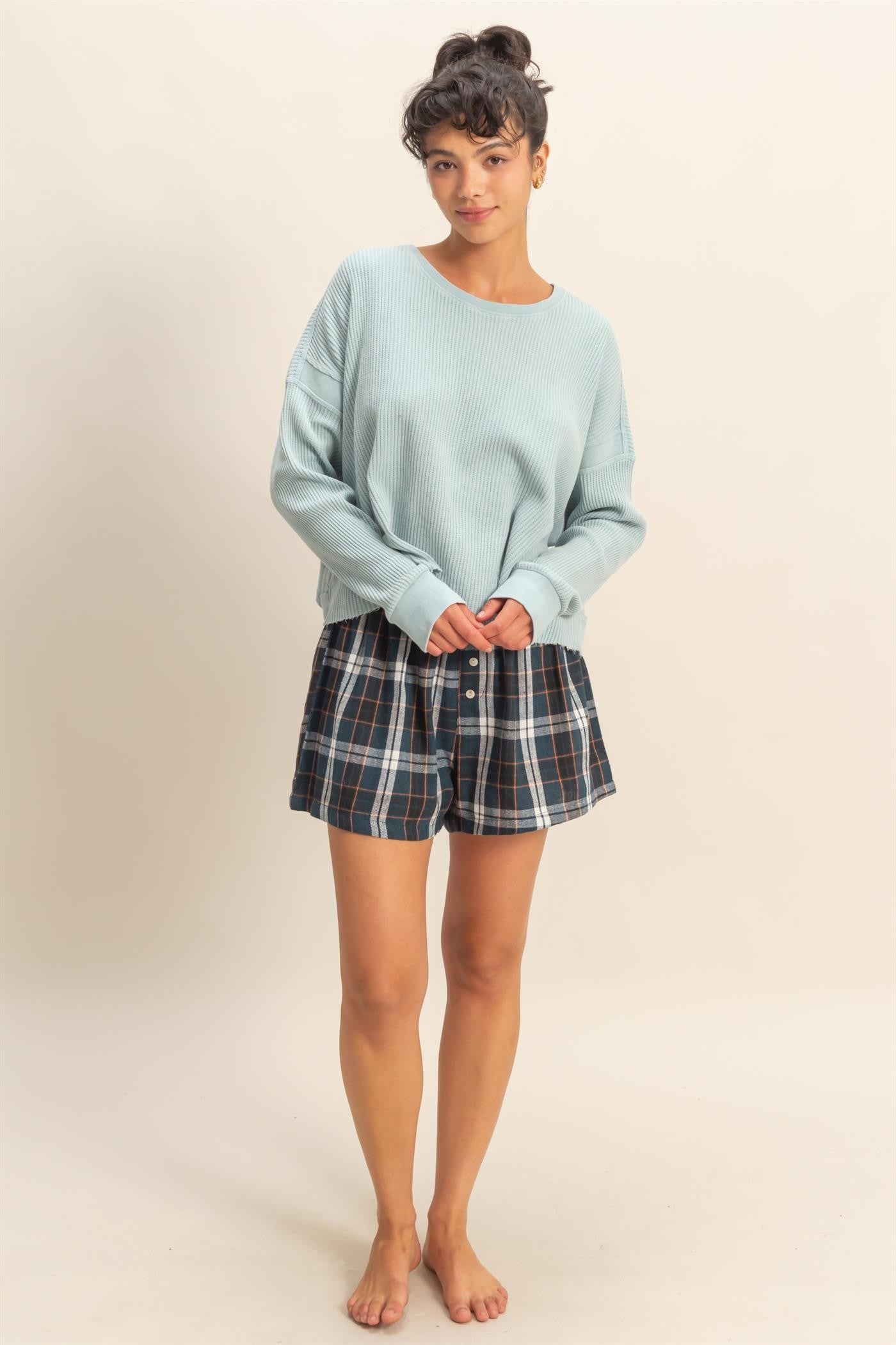 Navy Button-Front Plaid Boxer Shorts