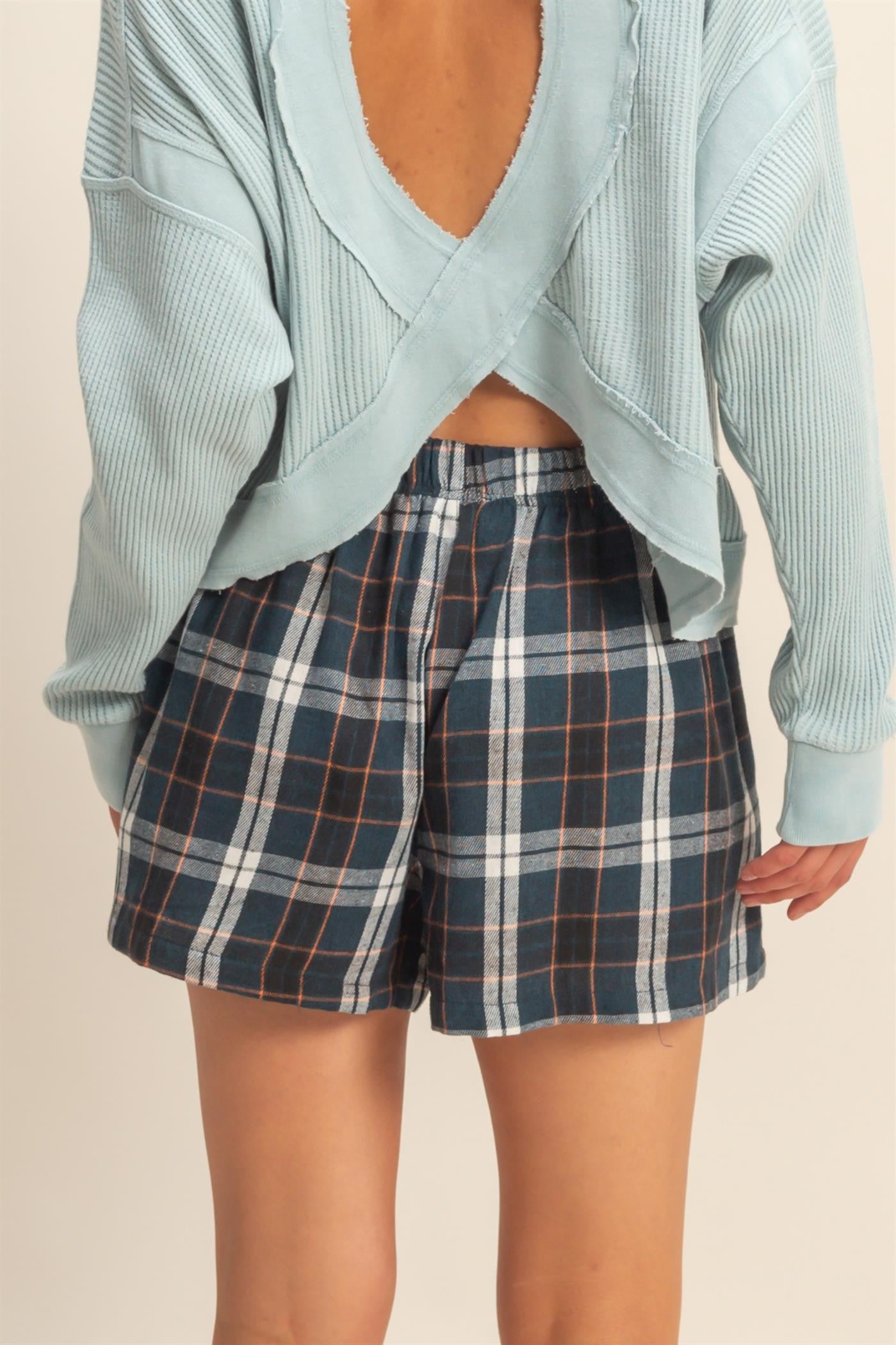 Navy Button-Front Plaid Boxer Shorts