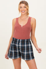 Navy Button-Front Plaid Maternity Boxer Shorts