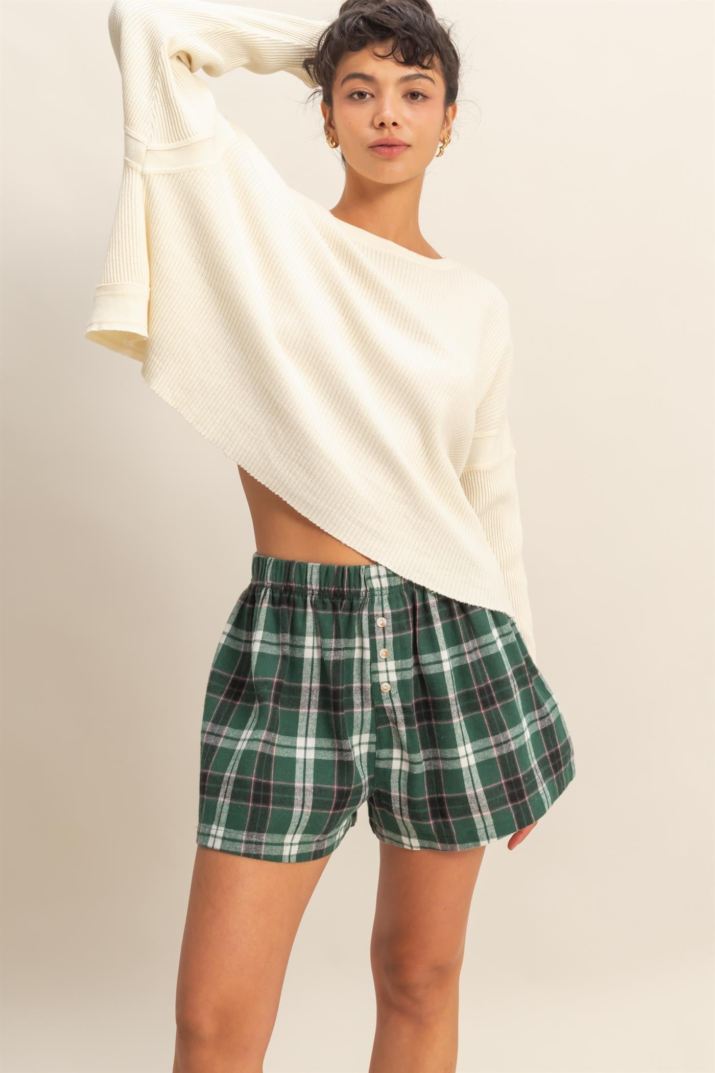 Green Button-Front Plaid Boxer Shorts