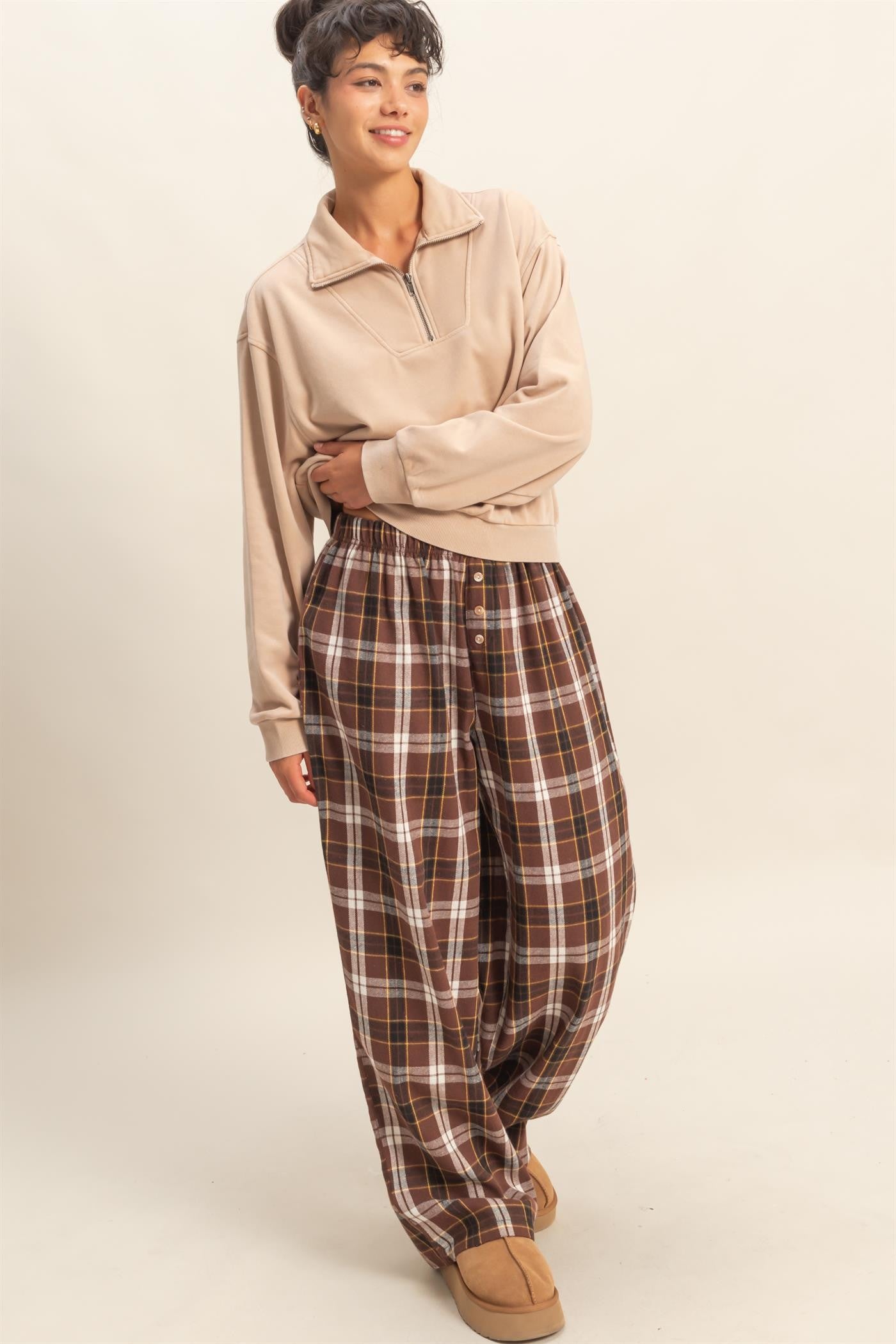 Brown Plaid Wide Leg Lounge Pants