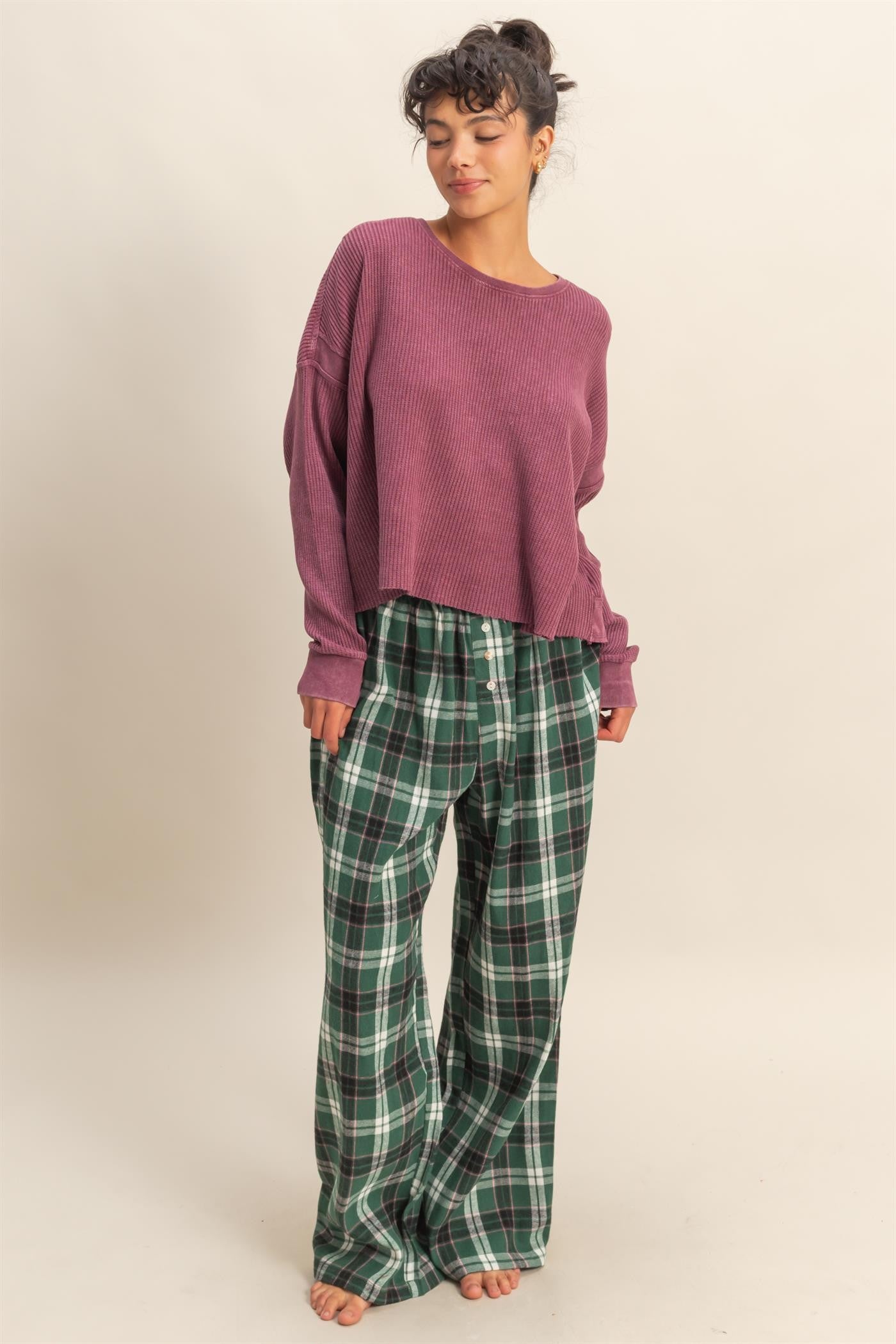 Green Plaid Wide Leg Lounge Pants