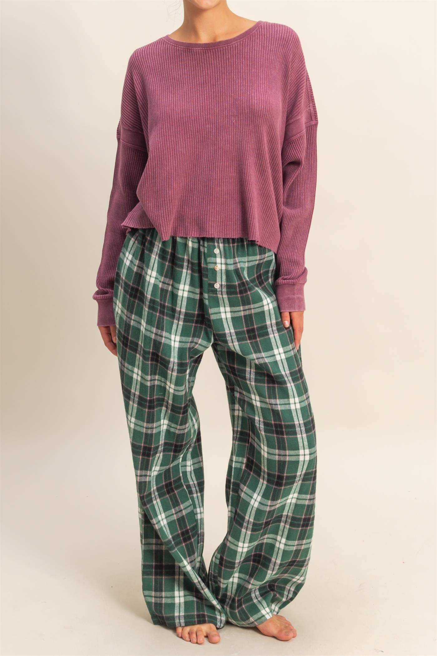 Green Plaid Wide Leg Lounge Pants