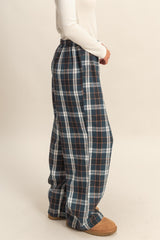 Navy Plaid Wide Leg Lounge Pants