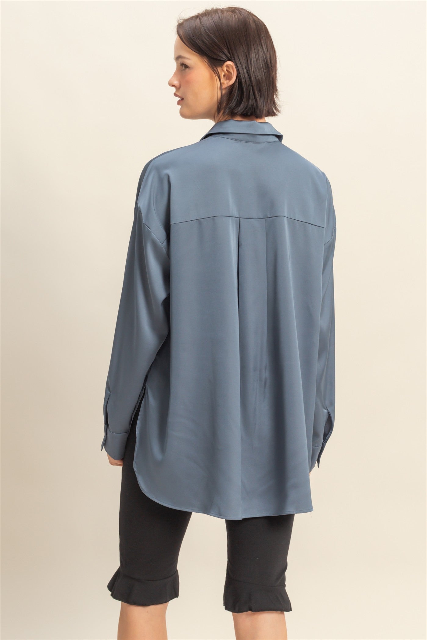 Navy Long Sleeve Oversized Satin Maternity Shirt