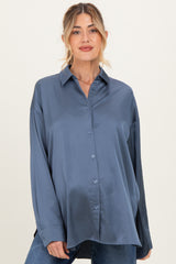 Navy Long Sleeve Oversized Satin Maternity Shirt