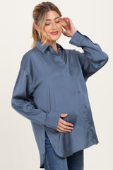 Navy Long Sleeve Oversized Satin Maternity Shirt
