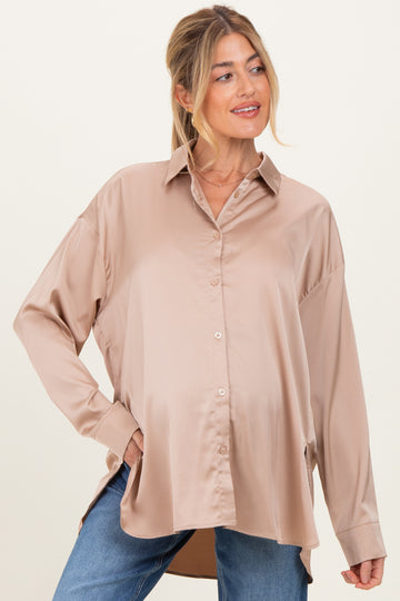 Taupe Long Sleeve Oversized Satin Maternity Shirt