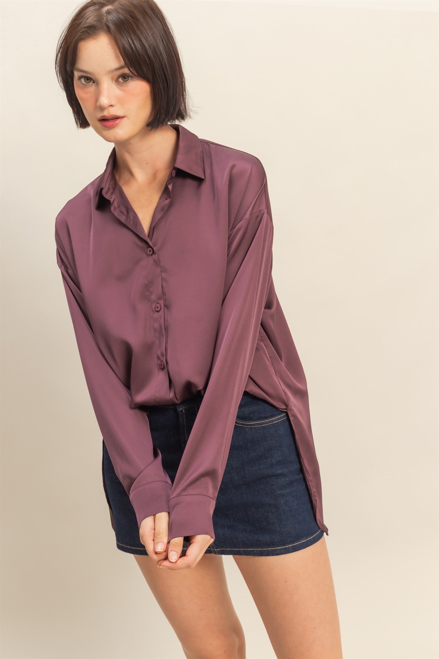 Burgundy Long Sleeve Oversized Satin Maternity Shirt