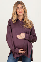 Burgundy Long Sleeve Oversized Satin Maternity Shirt
