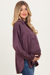 Burgundy Long Sleeve Oversized Satin Maternity Shirt