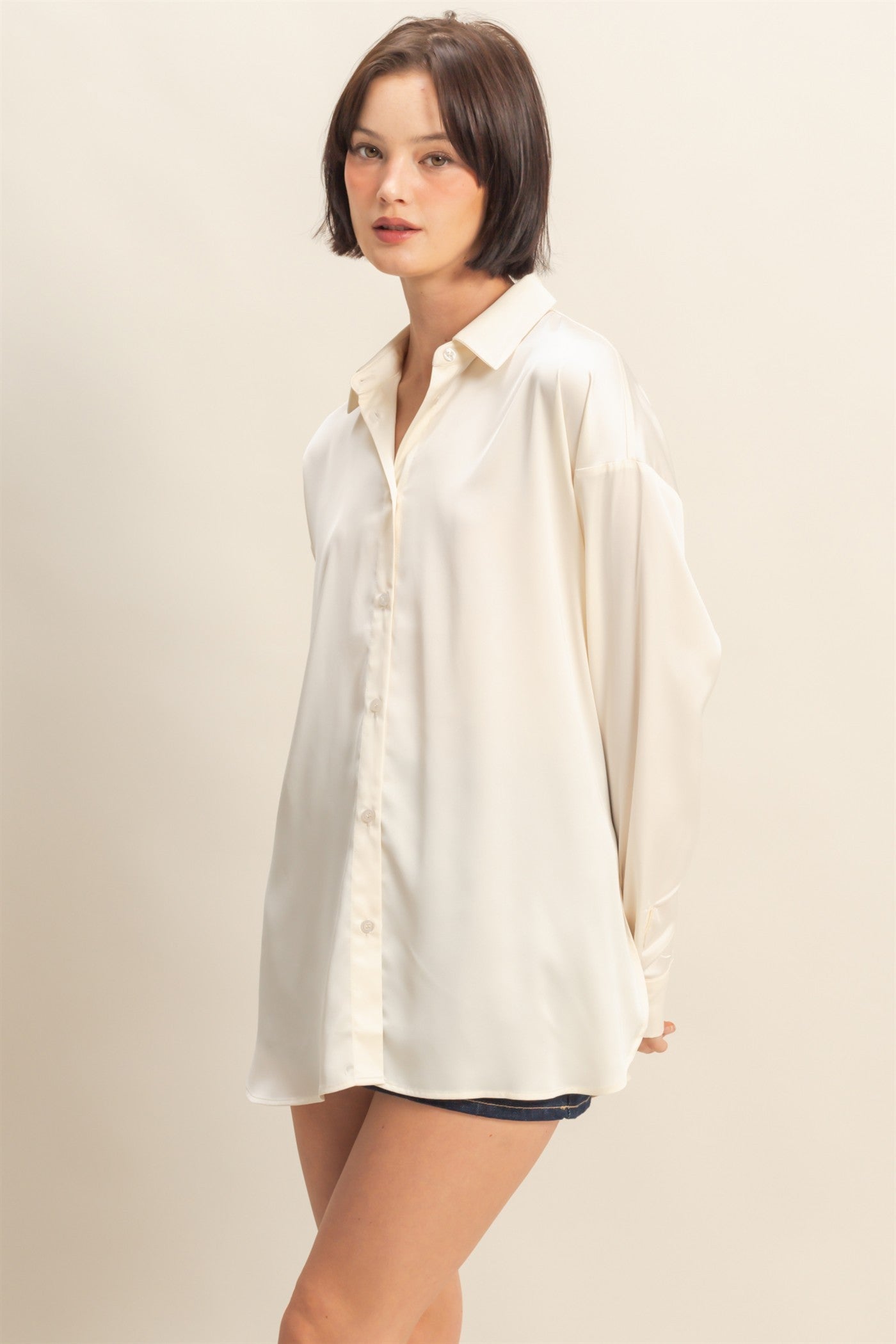 Cream Long Sleeve Oversized Satin Maternity Shirt